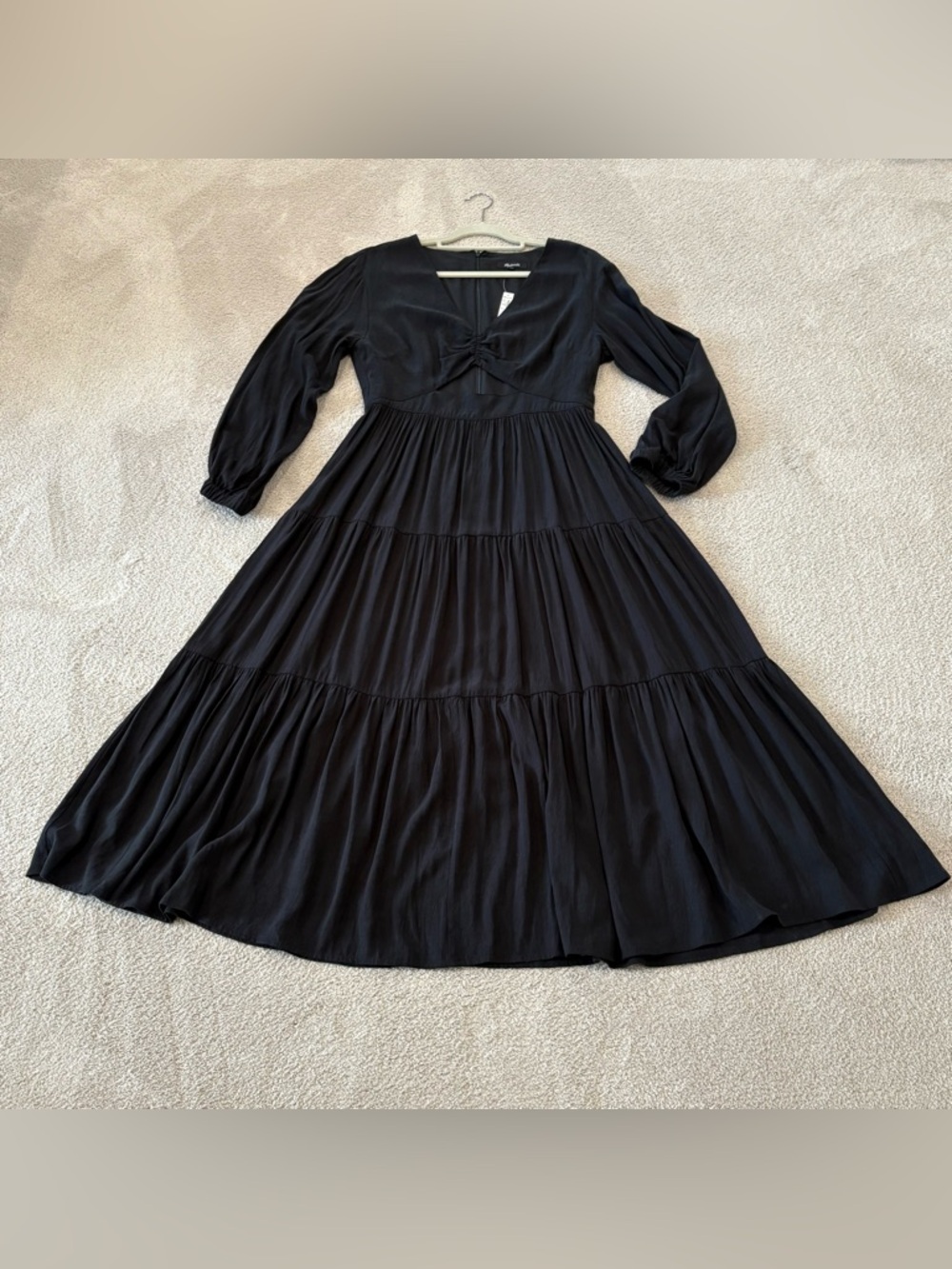 Madewell Lusterweave Cutout Midi Boho Long Sleeve Black Tiered Dress Size 8 NWT - Picture 9 of 17